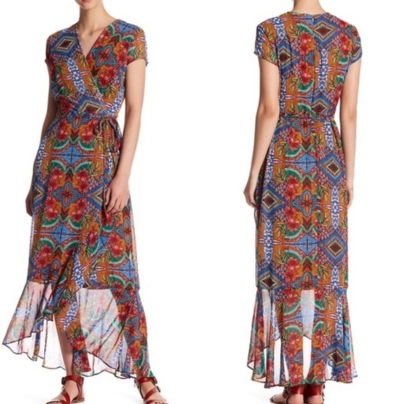 Just...Taylor Dresses & Skirts - NEW Faux Wrap Tribal Trendy Chiffon Maxi Dress